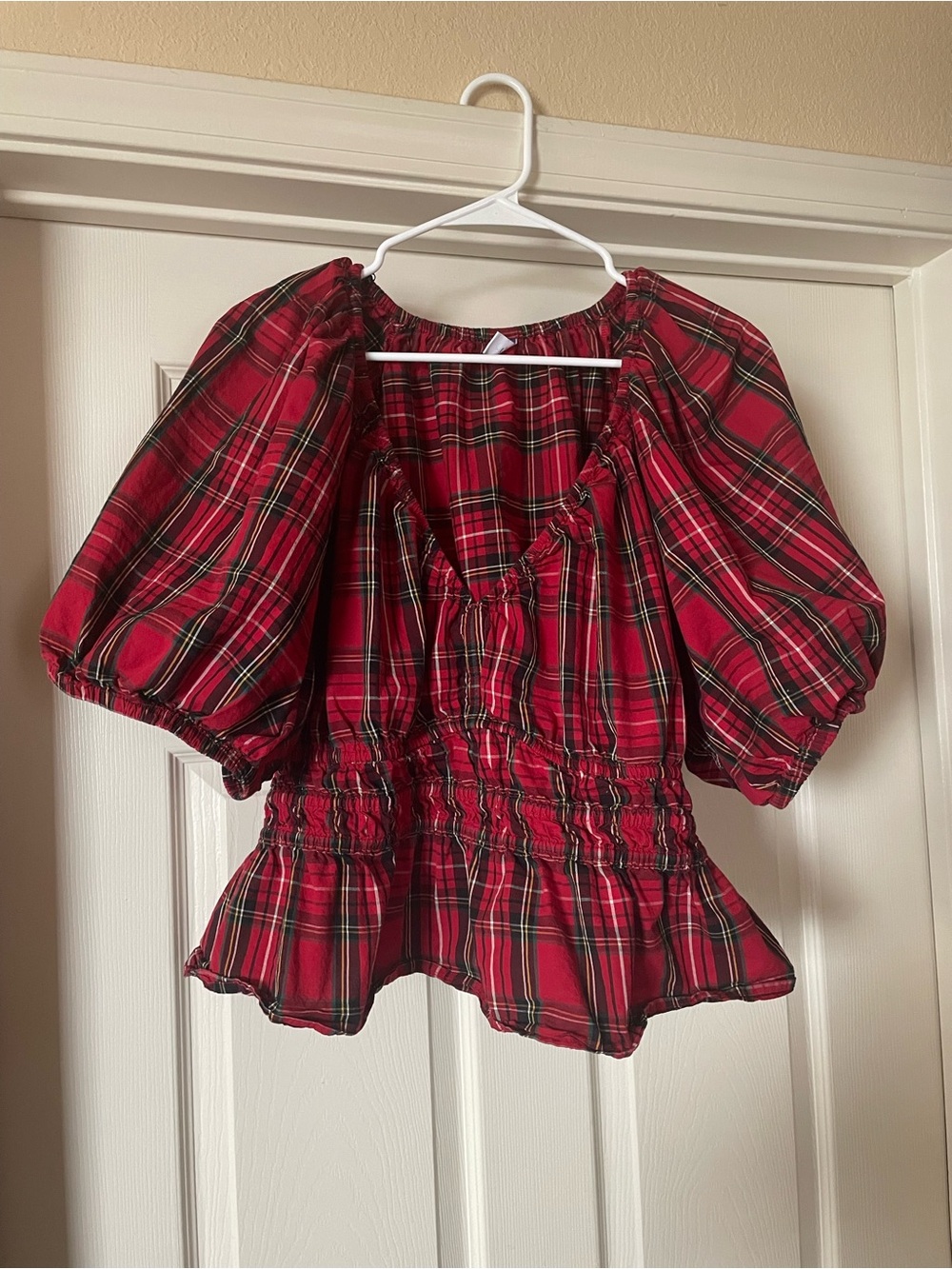 Red Plaid Puff-Sleeve Peplum Christmas Top 100% Cotton XXL